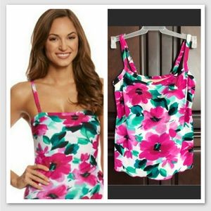 Ceeb Tankini Floral Flower Tropical Bathing Swimsuit Top Pink Green White Sz  12